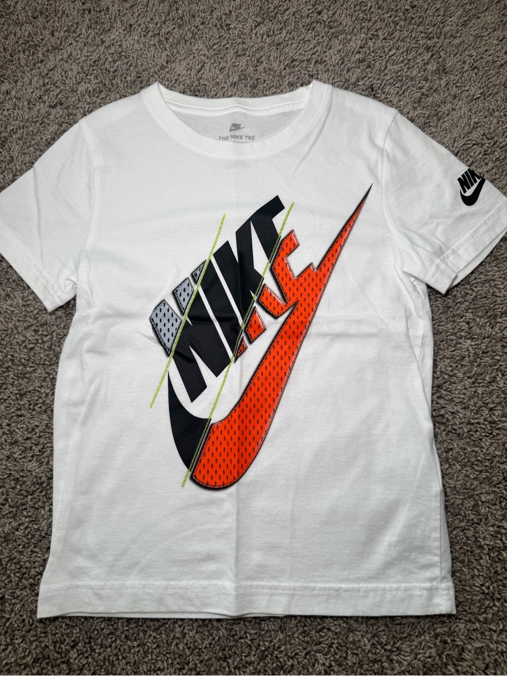 Kids Nike White Tee with Black and Orange Swoosh